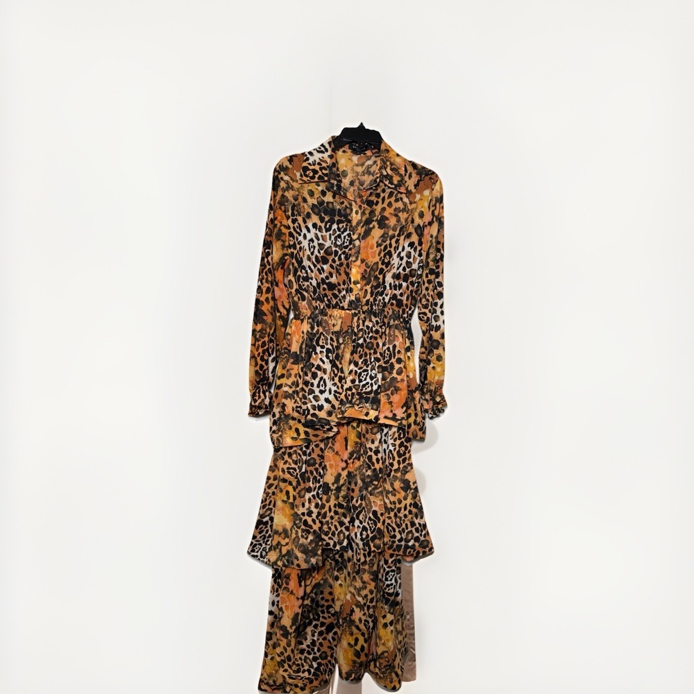 Beulah Style Animal Print Ruffle Tiered Long Sleeve Dress  Size Med Vacay - Picture 2 of 14